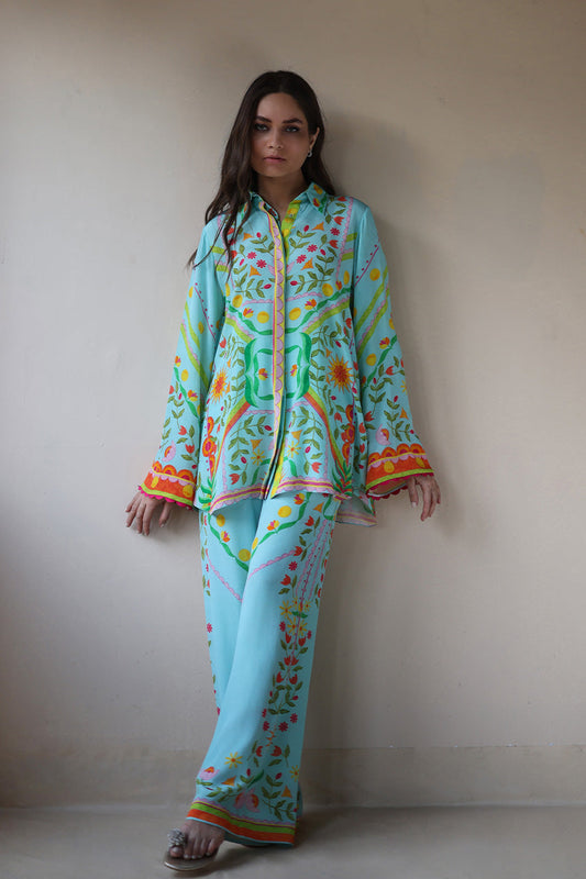 Aqua Blossom – Printed Button-Down Co-Ord Set