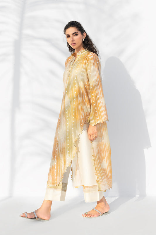 Golden Aura – Mustard Ombre Striped Kurta Pant Set with Sheer Overlay