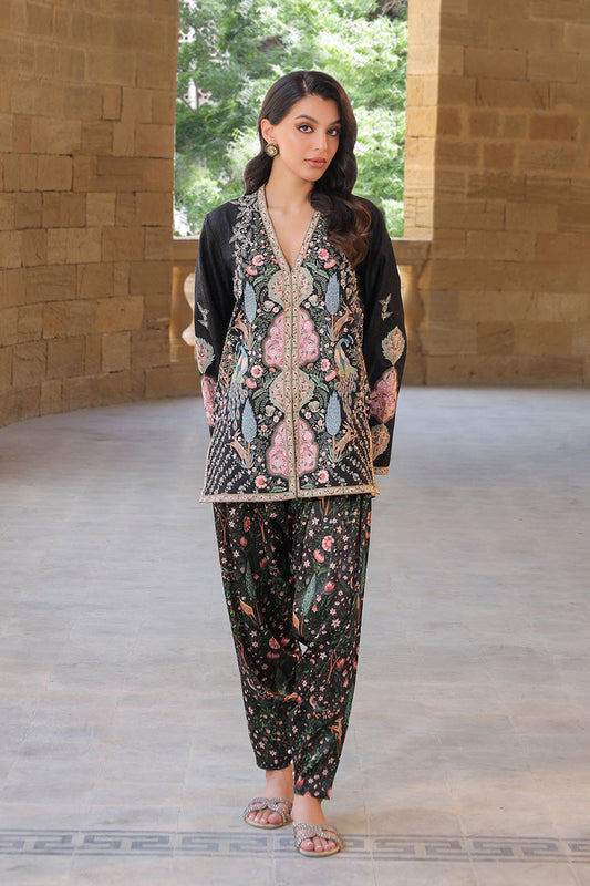 Midnight Garden – Embroidered Black Kurta with Floral Printed Pants Co-Ord Set