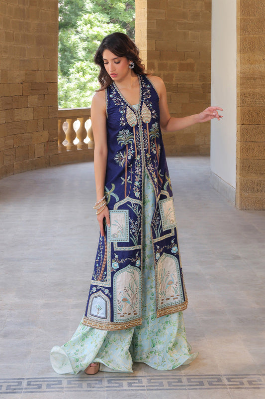 Midnight Heritage – Embroidered Long Jacket with Printed Palazzo Set
