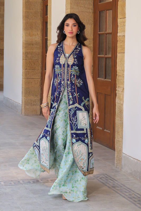 Midnight Heritage – Embroidered Long Jacket with Printed Palazzo Set