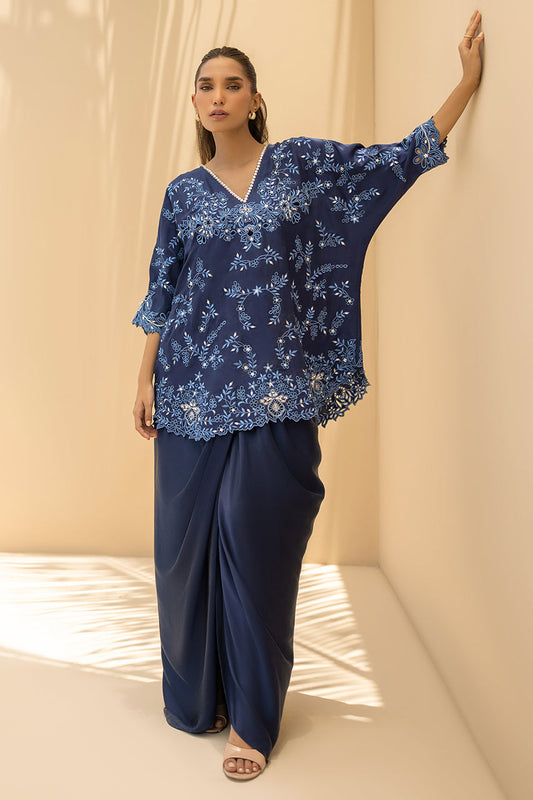 Royal Indigo – Embroidered Kaftan Style Kurta with Draped Pants Set