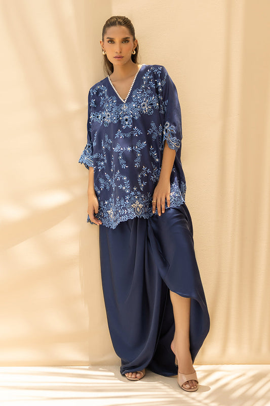 Royal Indigo – Embroidered Kaftan Style Kurta with Draped Pants Set