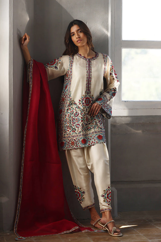 Ivory Royale – Embroidered Kurta Pant Set with Red Dupatta for Women