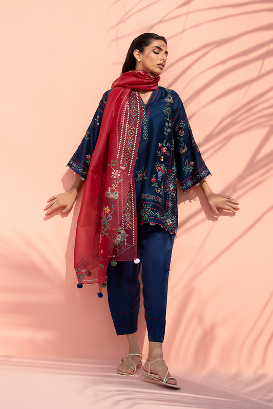 Indigo Bloom – Embroidered Kurta, Pants & Dupatta Co-Ord Set