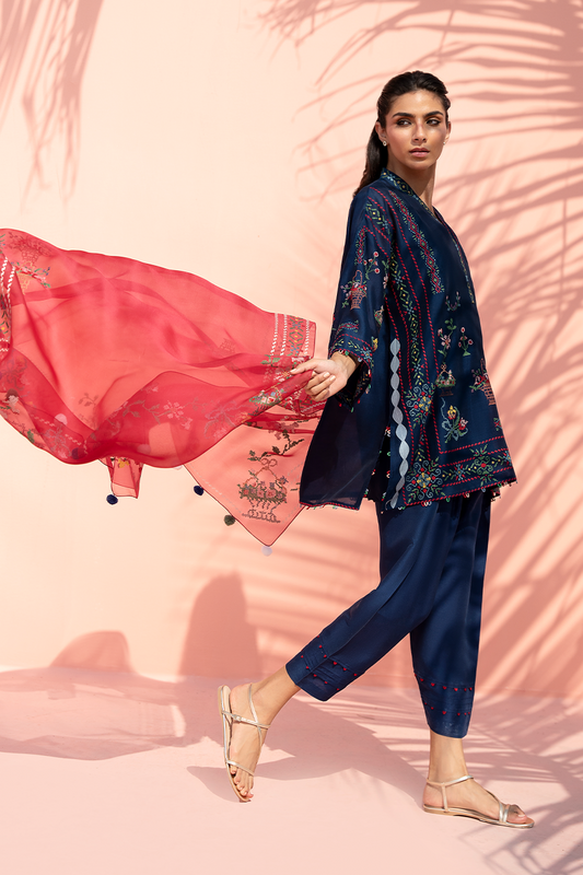 Indigo Bloom – Embroidered Kurta, Pants & Dupatta Co-Ord Set