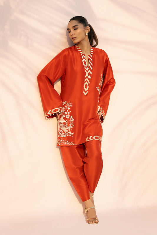 Zehra Rust – Embroidered Silk Touch Kurta with Tapered Pants Co-Ord Set
