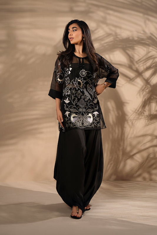 Midnight Noir – Sheer Embroidered Kaftan Top with Draped Pants Set